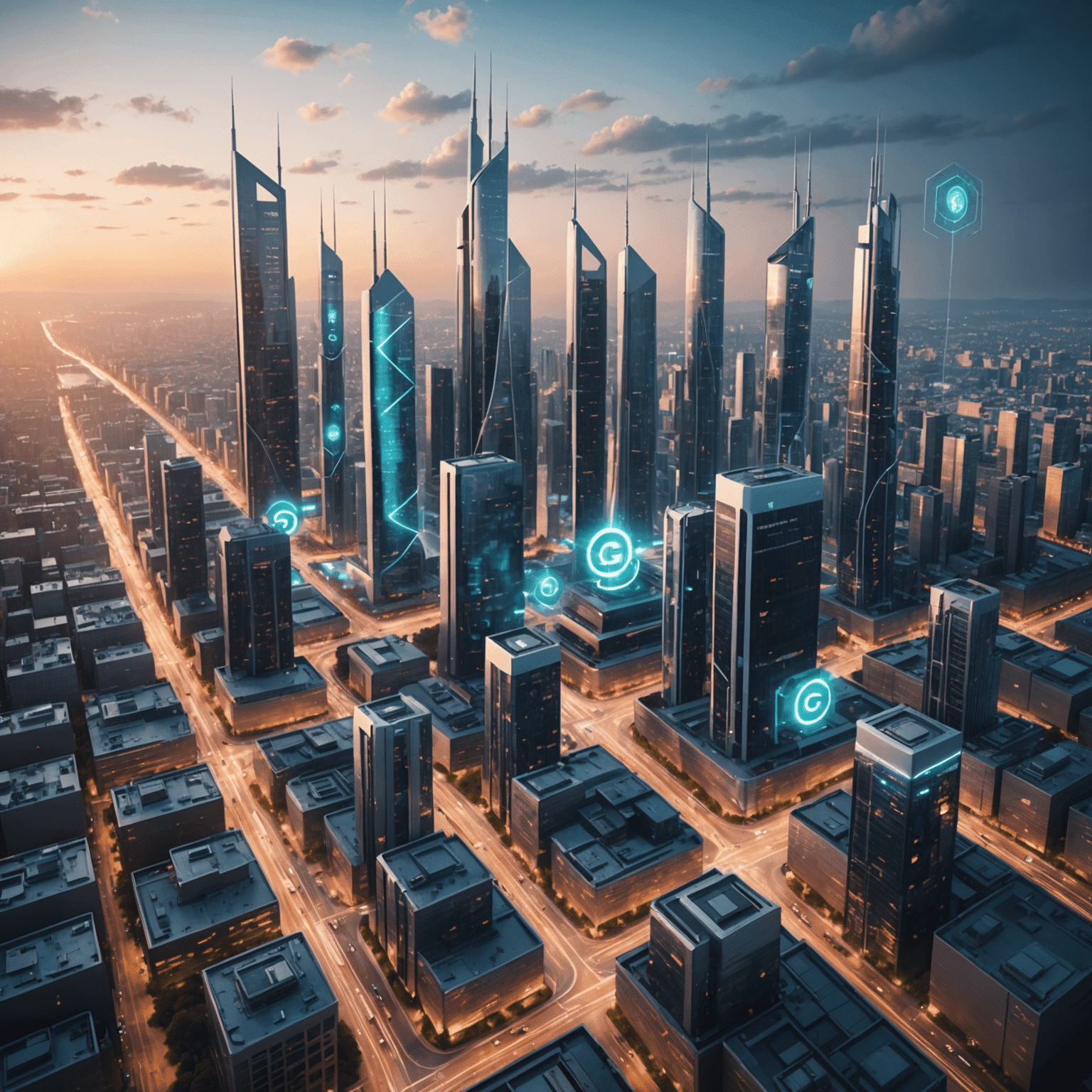 Futuristic cityscape with 5G towers and connected devices, showcasing the integration of 5G technology in urban environments