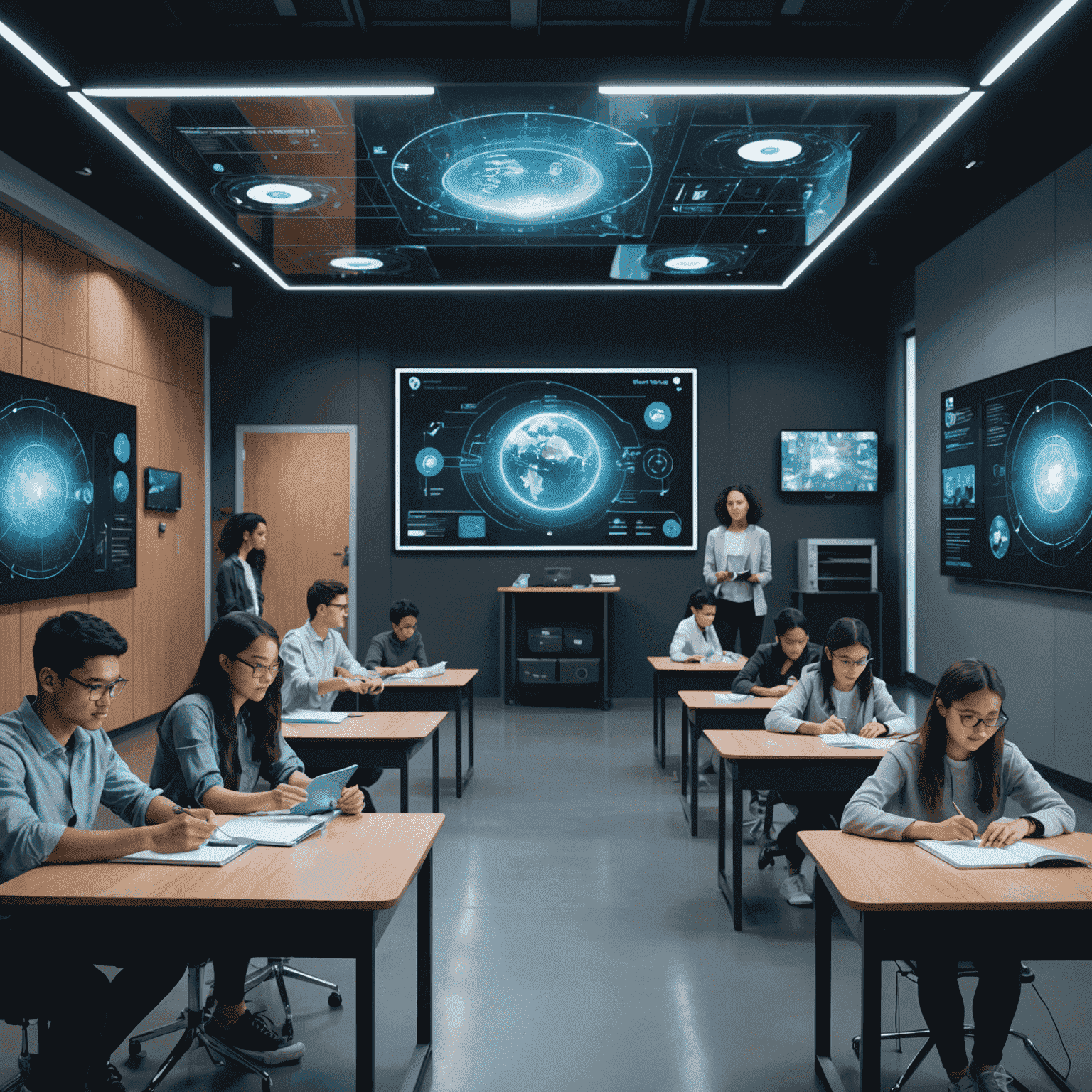 A futuristic classroom with students using holographic displays and AI-powered learning assistants. The room is filled with cutting-edge technology, showing a blend of virtual and physical learning environments.