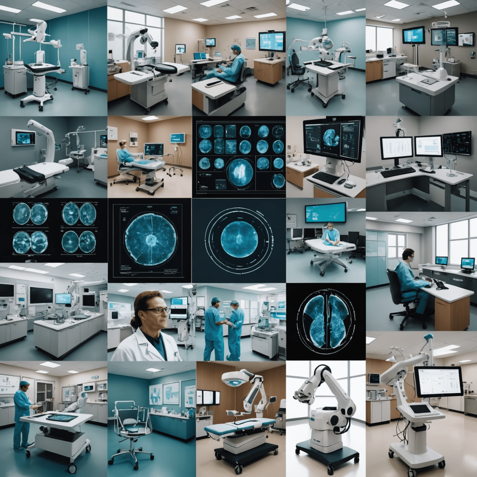 A collage of AI-powered medical devices, robotic surgery, and data visualization in a US hospital setting, illustrating the integration of AI in healthcare