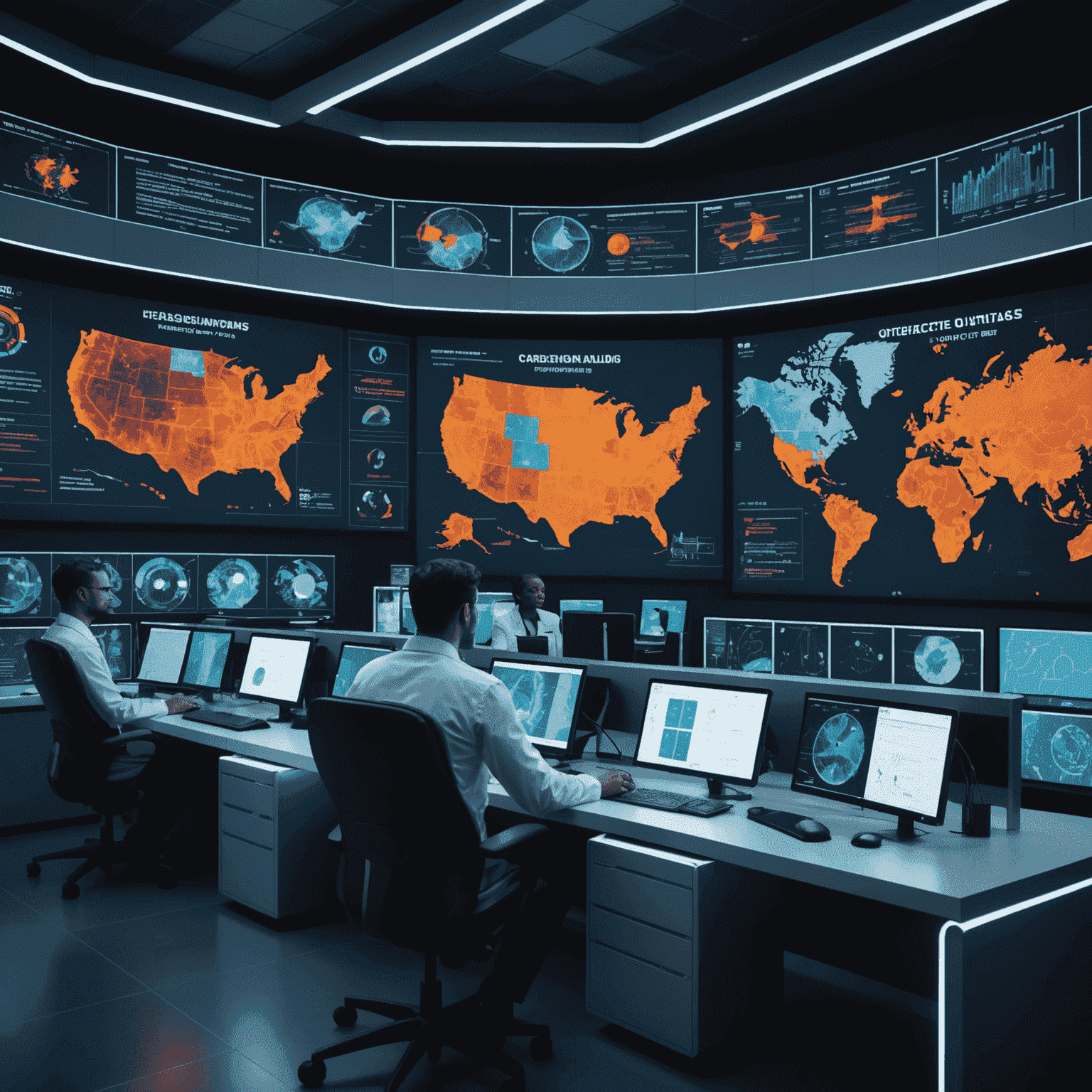 A futuristic command center with large screens displaying AI-powered predictive models of health trends across the USA, with glowing heat maps and data streams visualizing potential disease outbreaks.