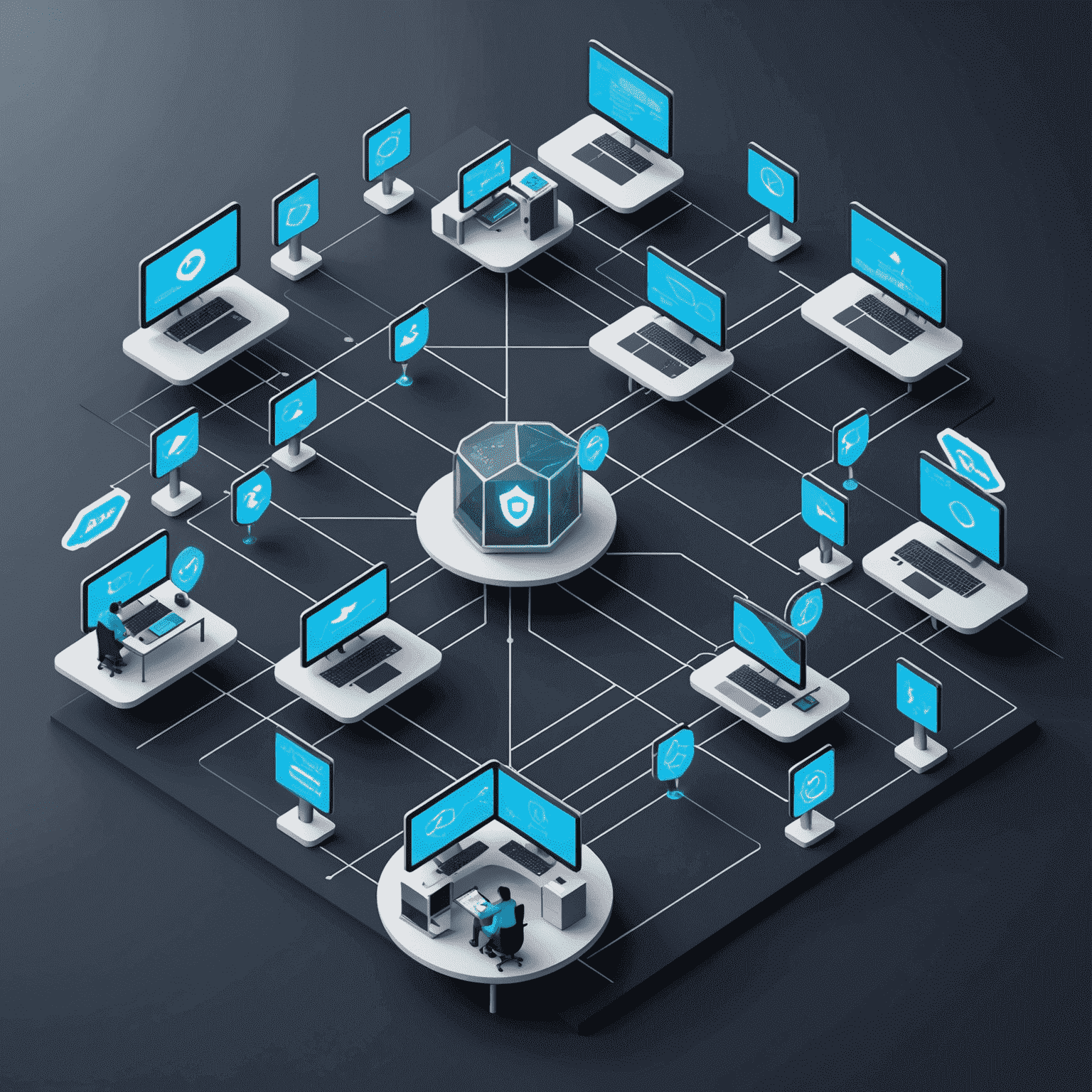 Isometric illustration of a Zero Trust network architecture, showing multiple layers of security checkpoints and verification processes within a digital environment