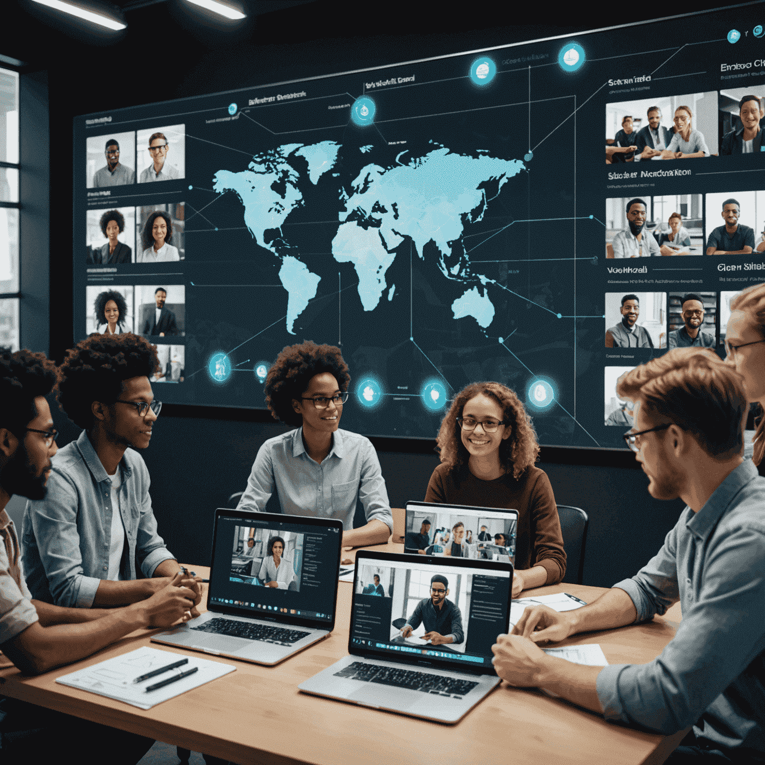 A diverse group of students collaborating on a virtual project, with holographic screens showing their work and video feeds of remote participants. The image illustrates global collaboration enabled by technology.