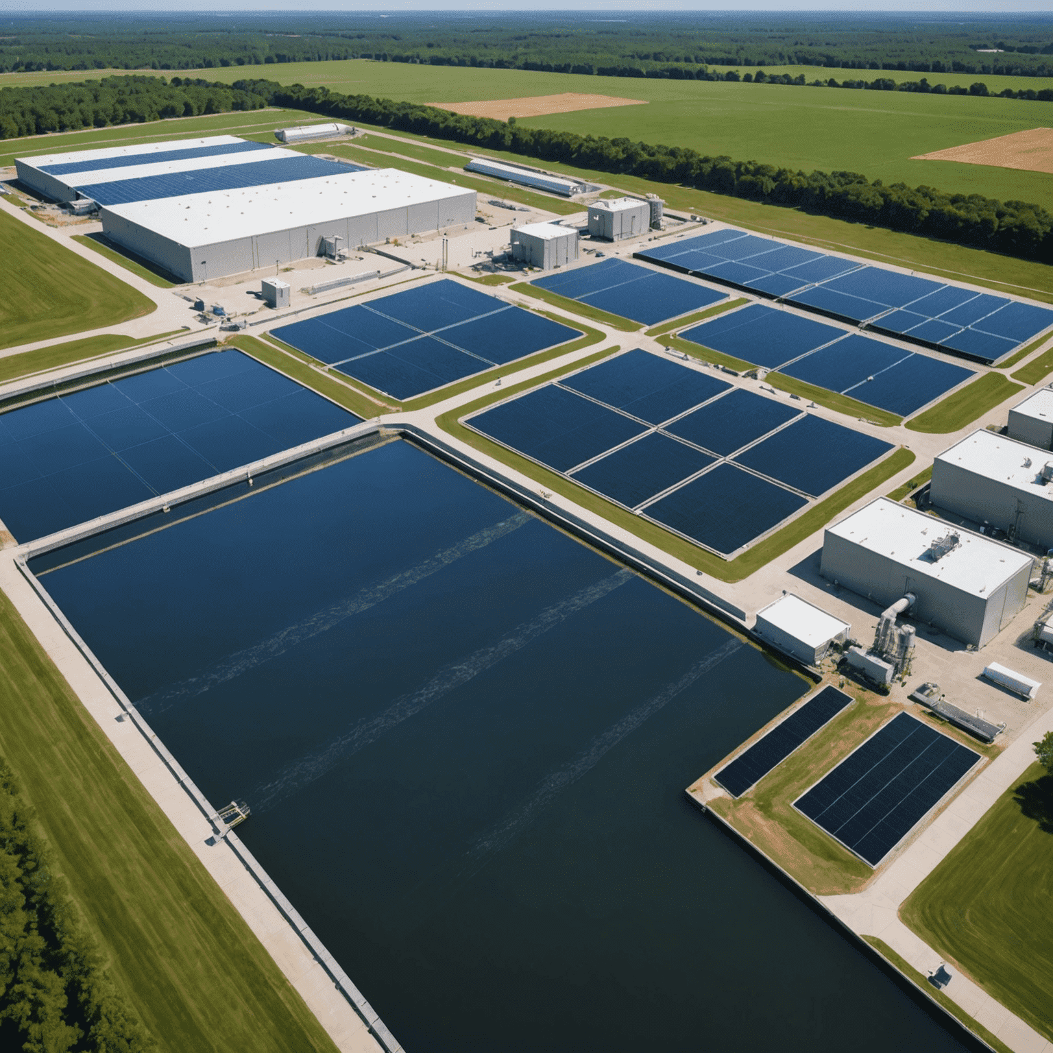 Cutting-edge water treatment facility utilizing AI-driven purification processes and renewable energy, showcasing America's commitment to sustainable water management