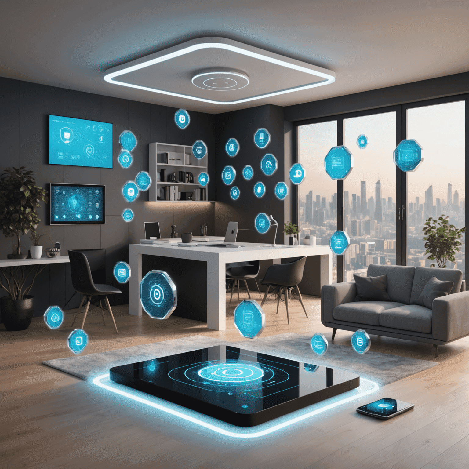 Futuristic smart home environment showcasing various IoT devices with visible security shields and data protection mechanisms